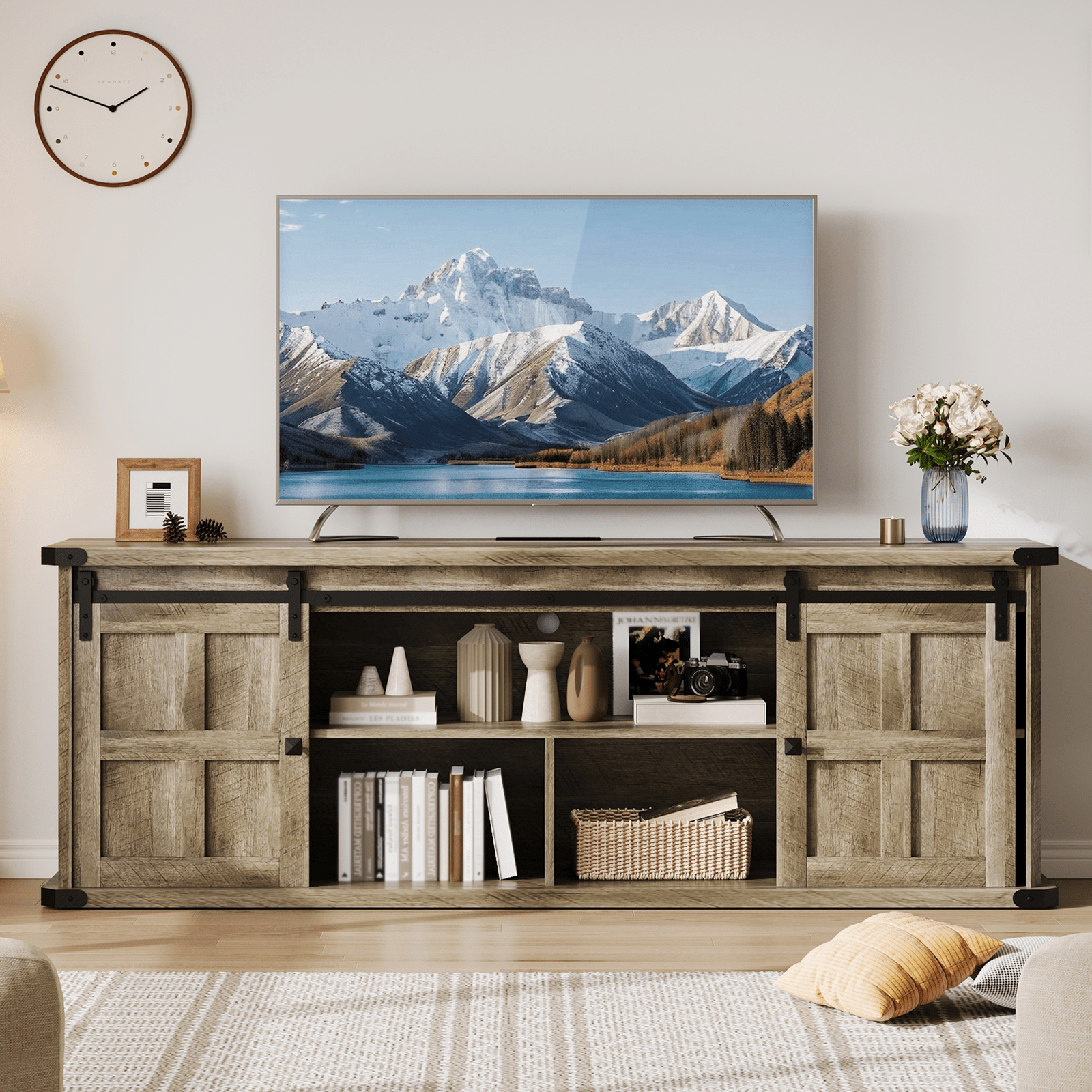 Farmhouse TV Stand for 75 Inch TV, Entertainment Center with Storage Cabinets And Sliding Barn Doors, Media TV Console Table for Living Room Bedroom (Wood Grain Gray)