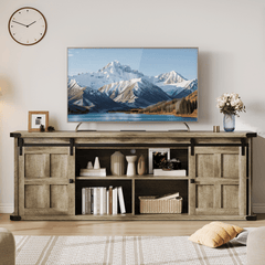 Farmhouse TV Stand for 75 Inch TV, Entertainment Center with Storage Cabinets And Sliding Barn Doors, Media TV Console Table for Living Room Bedroom (Wood Grain Gray)