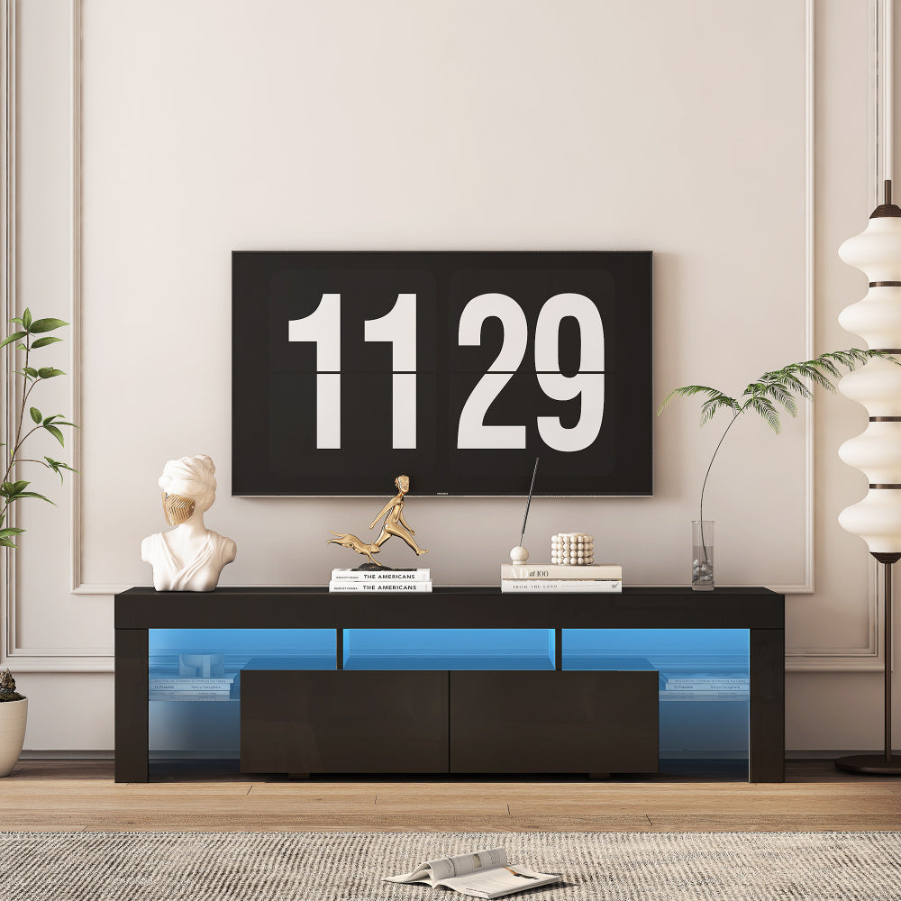 Modern High Gloss TV Stand for TVs up to 65'' | TV Console with Storage Cabinets for Living Room, Black, Hardwood and Metal Material