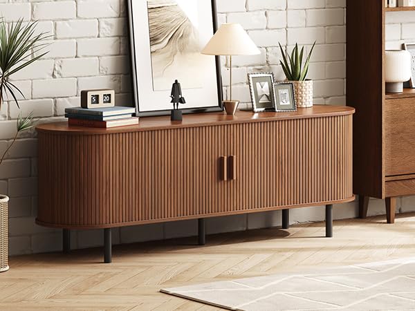 ONBRILL 70.8" TV Stand with Power Outlet for TVs up to 75 Inch, Entertainment Center with Storage and Adjustable Shelves, Modern Media Console with Sliding Doors for Living Room, Walnut