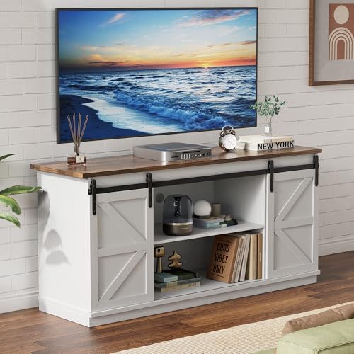 YESHOMY 58" Farmhouse TV Stand for TVs up to 65", Sliding Barn Doors, White