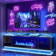 OneBlis 70" Fireplace TV Stand with Double LED Lights for TVs UP to 80", Electric Fireplace Entertainment Center with Storage Cabinets, TV Console for Living Room, Office, Black1