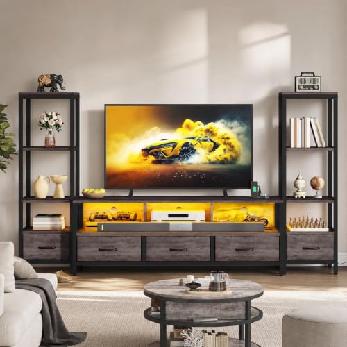 DWVO Industrial LED TV Stand for 65 Inch TVs, Entertainment Center with 2 4-Tier Bookshelves & Power Outlets, Media Console Table with 5 Drawers & Open Storage for Living Room, Grey