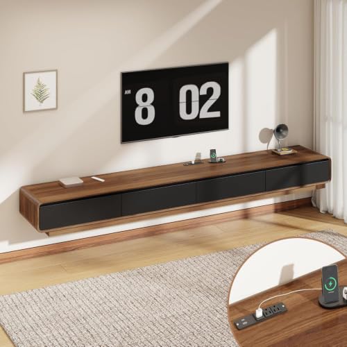 CayugaCrekrd 102.4'' Minimalist Floating TV Stand with Power Outlet, Modern Wall-Mounted Entertainment Center for TVs up to 100 Inches, Media Console with Rounded-Corner Design, Walnut and Black