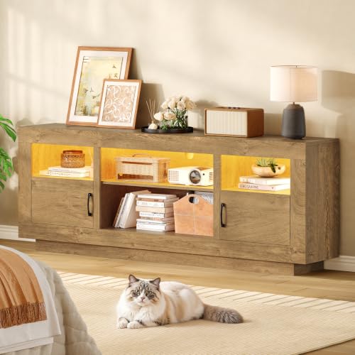 TEENFON 67" TV Stand for 75 inch TV, Entertainment Center with LED Lights | TV Console, Media Console Table with Open Storage & Side Cabinets, TV Stands for Living Room, Bedroom, Natural Knotty Oak