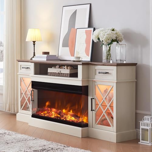 OKD 3-Sided Glass Farmhouse Electric Fireplace TV Stand for TVs up to 80'', Highboy Entertainment Center with Glass Door Storage Cabinet, 70'' Large TV Stands with 36'' Fireplace, Antique White