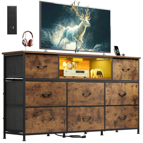 WLIVE LED Dresser TV Stand for 65 Inch TV, 8 Drawers, Rustic Brown