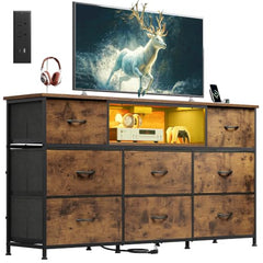 WLIVE LED Dresser TV Stand for 65 Inch TV, 8 Drawers, Rustic Brown