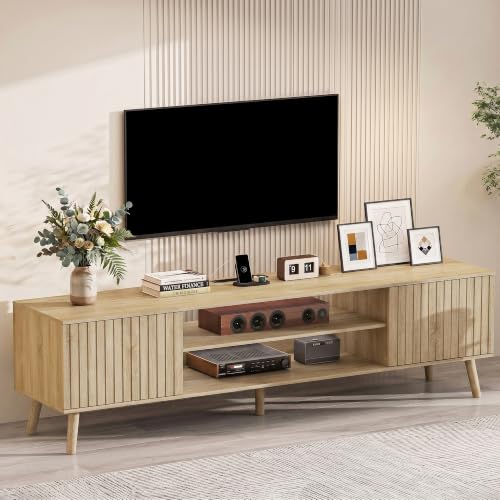 YOSHOOT 63" TV Stand for Living Room, Mid Century Modern Entertainment Center with Power Outlet Fit TVs Up to 70 inch, Fluted Media Console with Open Shelves and Storage Cabinets for Bedroom, Natural