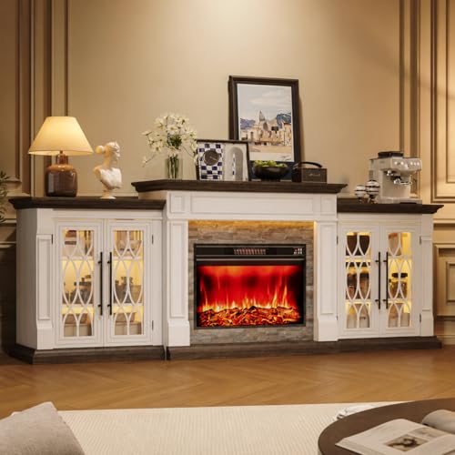 HolliWill 104" Fireplace TV Stand for TVs Up to 100 Inch, LED Electric Fireplace with Mantel and Sideboard Cabinets, Entertainment Center with 4 Glass Doors and Outlet, Modern for Living Room