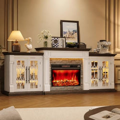 HolliWill 104" Fireplace TV Stand for TVs Up to 100 Inch, LED Electric Fireplace with Mantel and Sideboard Cabinets, Entertainment Center with 4 Glass Doors and Outlet, Modern for Living Room