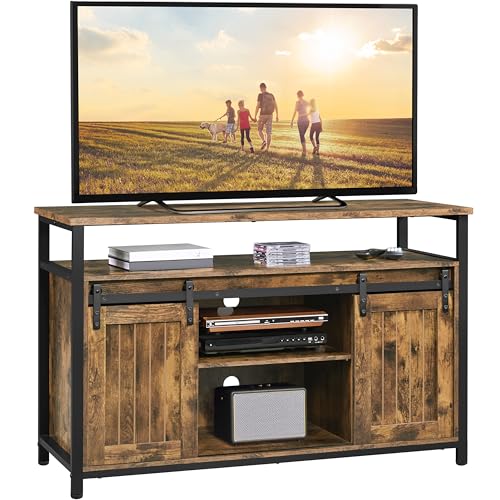 Yaheetech Farmhouse TV Stand for 55 Inch, Sliding Barn Door, Rustic Brown