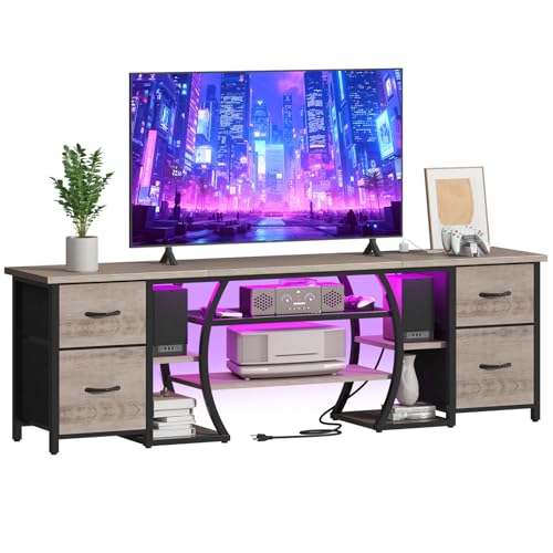 ZHNSYDN LED TV Stand for 65, 70, 80 Inch TV,71 Inch Industrial Entertainment Center with Power Outlets,Media Console Table with Open Storage Shelves & Fabric Drawers for Living Room Bedroom,Greige