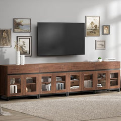 WAMPAT Modern TV Stand with Glass Doors for 80-120 inch TVs, 4 in 1 Entertainment Center Console with 4 Drawers and Metal Base for Living Room, Bedroom, Brown