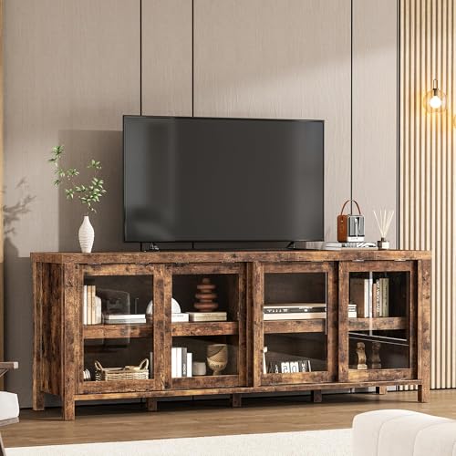 GAOMON TV Stand for 65" with Entertainment Center, Storage Cabinet, 4 Sliding Glass Doors, Mid Century Modern Media TV Console Table for Living Room Bedroom (Retro Brown)
