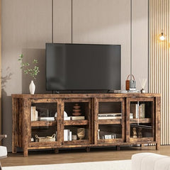 GAOMON TV Stand for 65" with Entertainment Center, Storage Cabinet, 4 Sliding Glass Doors, Mid Century Modern Media TV Console Table for Living Room Bedroom (Retro Brown)