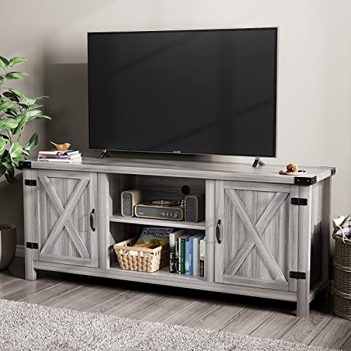 YESHOMY Modern Farmhouse TV Stand with Barn Door for 65 Inch TV, Gray Wash