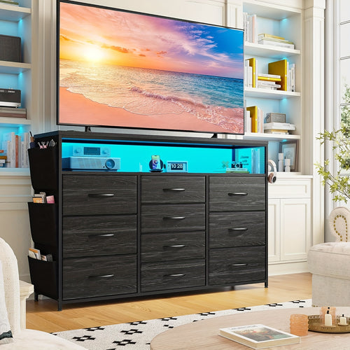 Dresser TV Stand With 10 Drawers For 55" TV Stand For Bedroom With LED Lights & Power Outlets Wide Dresser For Bedroom With Shelves & Side Pockets Sturdy Metal Frame & Wood Top, Charcoal Black