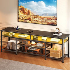 Furologee TV Stand with Power Outlets and LED Lights, 63 Inch Entertainment Center for 60 65 70 Inch TVs, Media Console Table with Open Shelves, for Bedroom, Living Room, Black