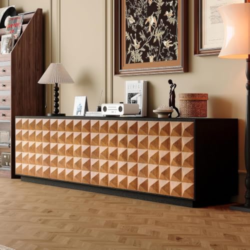 Upwivkre 85 Inch Mid-Century Modern TV Stand, Black Walnut Entertainment Center with Diamond Pattern Doors, Storage Cabinets & Media Console for Living Room