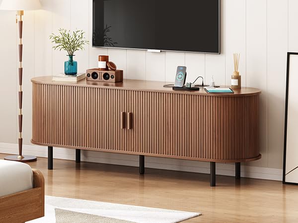 ONBRILL 70.8" TV Stand with Power Outlet for TVs up to 75 Inch, Entertainment Center with Storage and Adjustable Shelves, Modern Media Console with Sliding Doors for Living Room, Walnut
