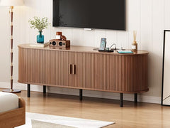 ONBRILL 70.8" TV Stand with Power Outlet for TVs up to 75 Inch, Entertainment Center with Storage and Adjustable Shelves, Modern Media Console with Sliding Doors for Living Room, Walnut