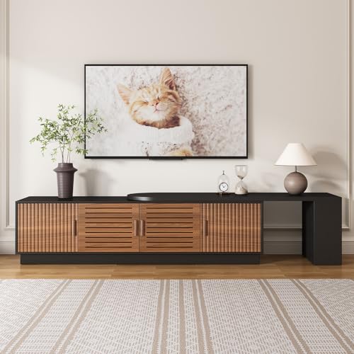 JGOEI 75"-85" or 90" Mid Century Modern TV Stands, Extendable TV Stand with 4 Storage Cabinets, TV Console with Storage, Adjustable TV Stand for Up to 98 Inch TVs, Modern Entertainment Center, Black