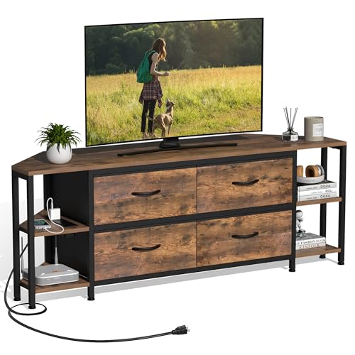EXOTICA Corner TV Stand for 55" TV with Drawer & Power Outlet, Brown