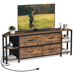 EXOTICA Corner TV Stand for 55" TV with Drawer & Power Outlet, Brown