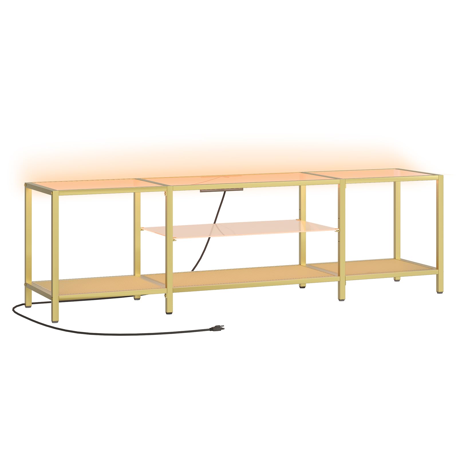 HOOBRO TV Stand with LED Lights and Power Outlets for TVs up to 75", Modern 70.9 Inch Tempered Glass TV Console Table with Open Shelves, Media Entertainment Center for Living Room, Gold GD185UDS01