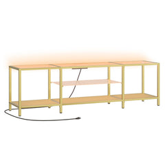 HOOBRO TV Stand with LED Lights and Power Outlets for TVs up to 75", Modern 70.9 Inch Tempered Glass TV Console Table with Open Shelves, Media Entertainment Center for Living Room, Gold GD185UDS01