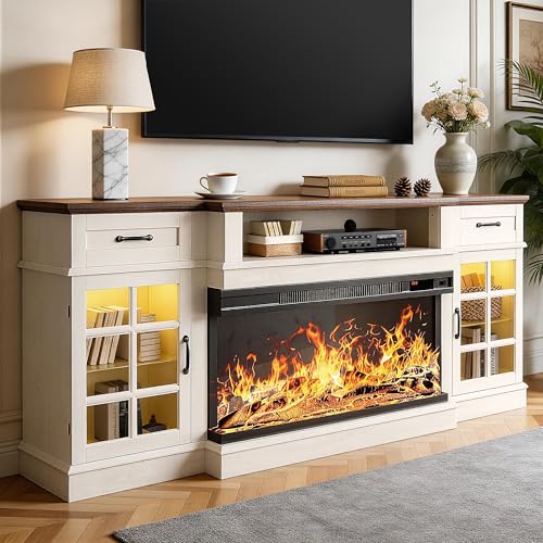 MXV 70" Fireplace TV Stand, 3-Sided Glass Fireplace and Modern Entertainment Center, Wooden Media Console with Glass Doors & Storage Drawers, LED Light, for Living Room, Antique White