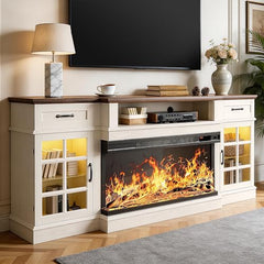 MXV 70" Fireplace TV Stand, 3-Sided Glass Fireplace and Modern Entertainment Center, Wooden Media Console with Glass Doors & Storage Drawers, LED Light, for Living Room, Antique White