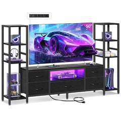 Casaottima TV Stand for 40/50/55 Inch TV, Low-Profile Entertainment Center with LED Lights & Power Outlets, TV Stand with Drawers & Open Shelves for Storage for Small Spaces/Living Room/Gaming, Black