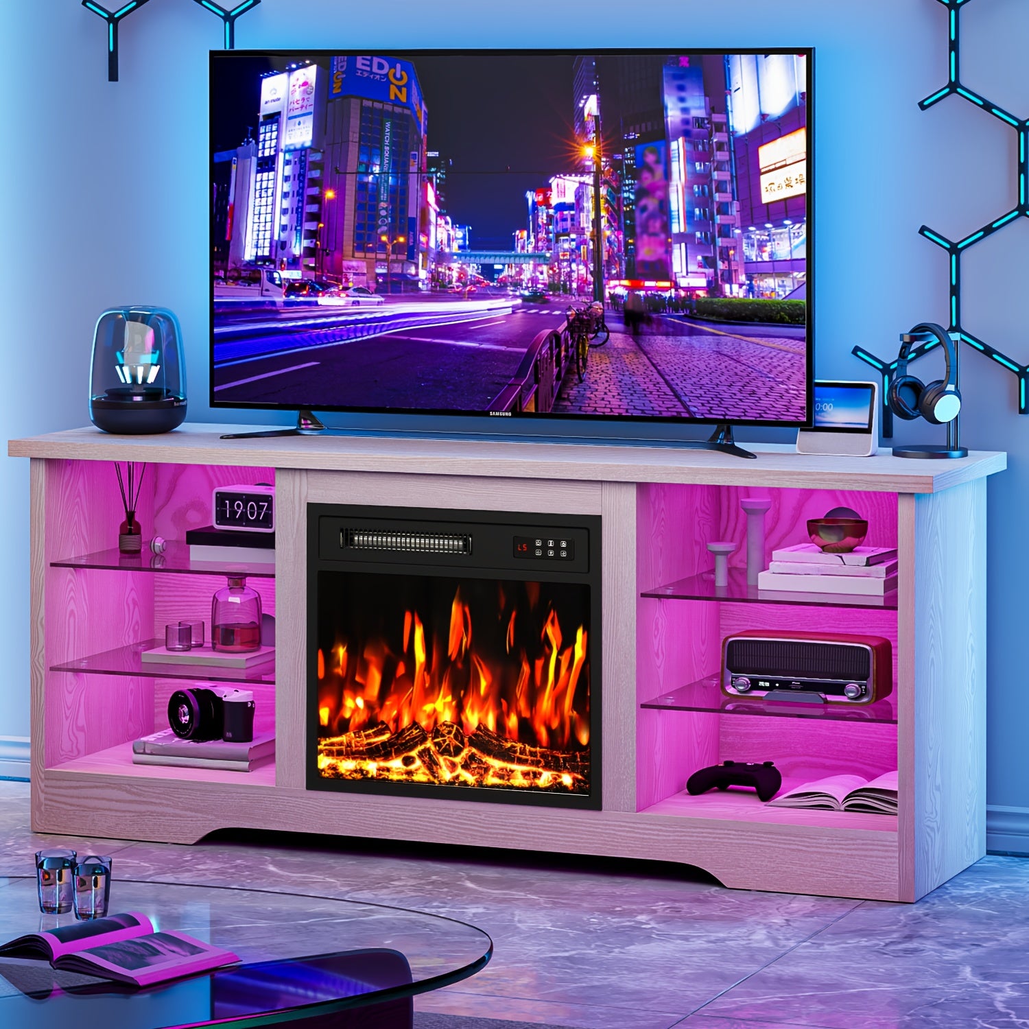 58 Inches Fireplace TV Stand for Tvs Up to 65 Inches Console with 18'' Electric Fireplace & Remote, Wooden Modern Entertainment Center for Living Room with LED Light Glass Shelves