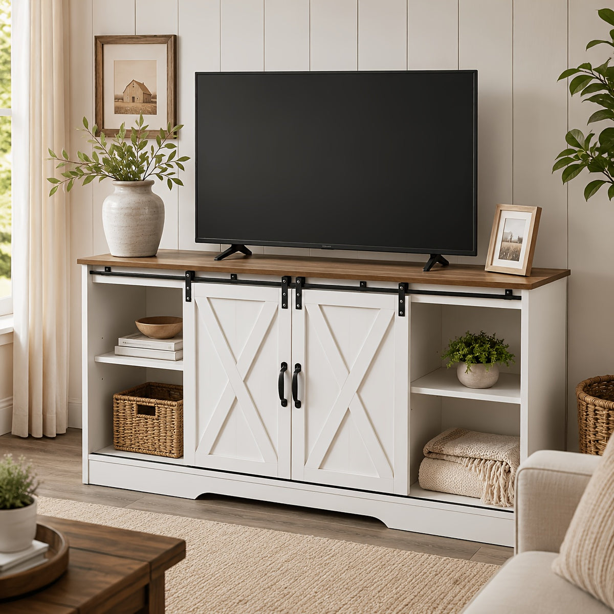 Modern Farmhouse Media Entertainment Center, Sliding Barn Door TV Stand Fits 65 Inch Television, TV Console with Storage Cabinets And Removable Adjustable Shelves, Suitable for Living Room & Bedroom, Available In White And Black
