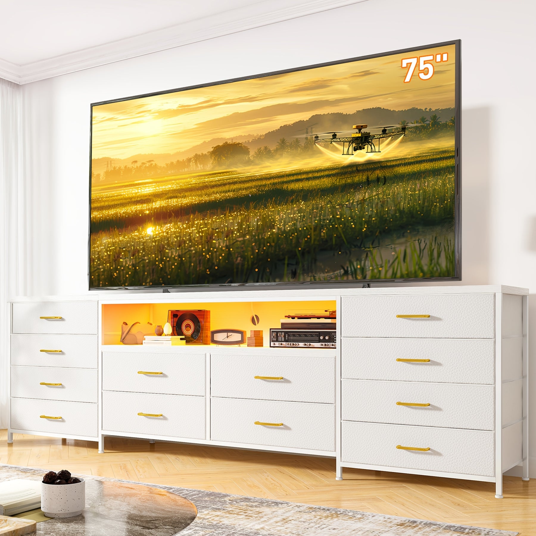 [12 PCS] 63"W Modern TV Stand Dresser with LED Lights & Power Outlets, for Up to 70 Inch TVs, Fabric Chest Of 12 Drawers, Entertainment Center for Bedroom, Living Room, Hallway, Black, Brown