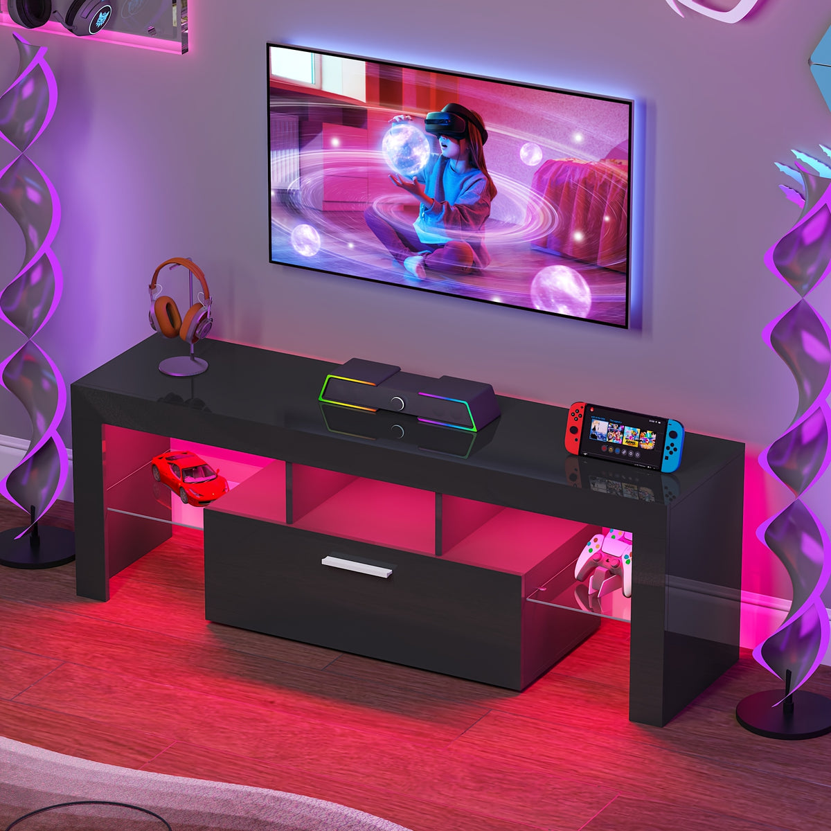 71" Black TV Stand for 55/65/75/80 Inch TVs, High Gloss LED Entertainment Center with Large Storage, Gaming Media Console TV Stand with Cabinet for PS5, Modern TV Table with Glass Shelves for Living Room, Bedroom, Game Room, Tv Stand For Living Room, Tv