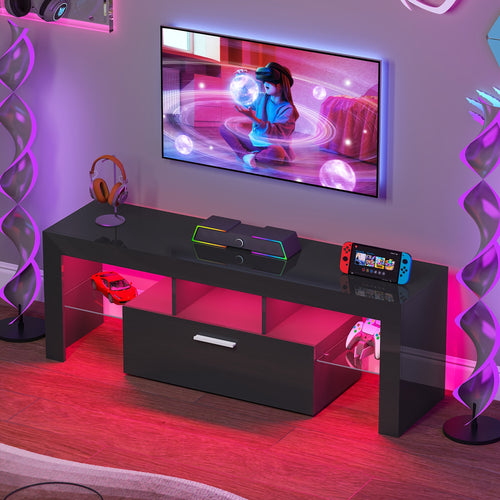 71" Black TV Stand for 55/65/75/80 Inch TVs, High Gloss LED Entertainment Center with Large Storage, Gaming Media Console TV Stand with Cabinet for PS5, Modern TV Table with Glass Shelves for Living Room, Bedroom, Game Room, Tv Stand For Living Room, Tv
