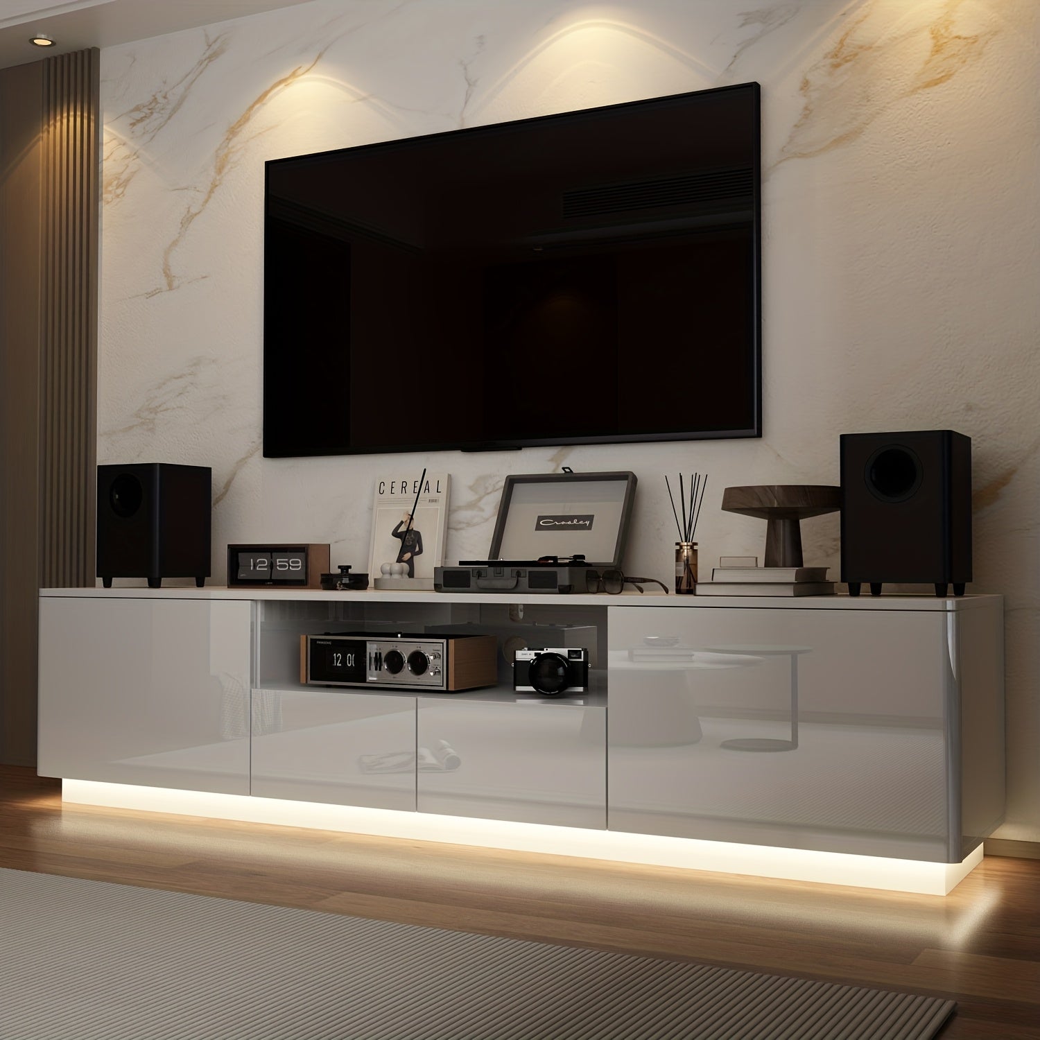 Modern LED TV Stand Measuring 70.8 Inches Wide, Suitable for Televisions Up to 75 Inches. This Media Console Features Four Drawers And a Glossy End, Designed As an Entertainment Center with Open Shelving, Perfect for Living Rooms Or Bedrooms