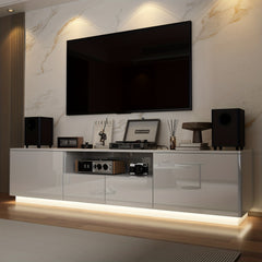 Modern LED TV Stand Measuring 70.8 Inches Wide, Suitable for Televisions Up to 75 Inches. This Media Console Features Four Drawers And a Glossy End, Designed As an Entertainment Center with Open Shelving, Perfect for Living Rooms Or Bedrooms