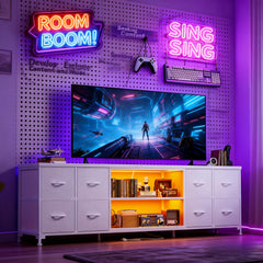 TV Stand for 65 75 Inch with Lights & Power Outlets, TV Stands for Bedroom with 8 Fabric Dresser&Chest of Drawers, TV Stand with Storage As Entertainment Center for Living Room, Dorm