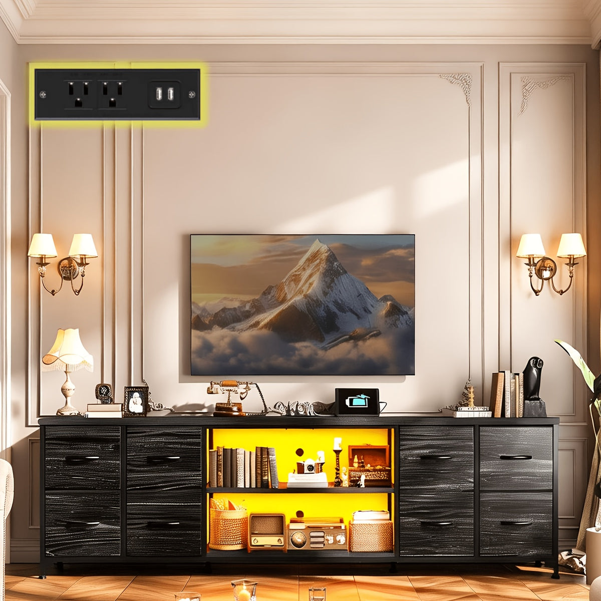 TV Stand for 65 75 Inch with Lights & Power Outlets, TV Stands for Bedroom with 8 Fabric Dresser&Chest of Drawers, TV Stand with Storage As Entertainment Center for Living Room, Dorm