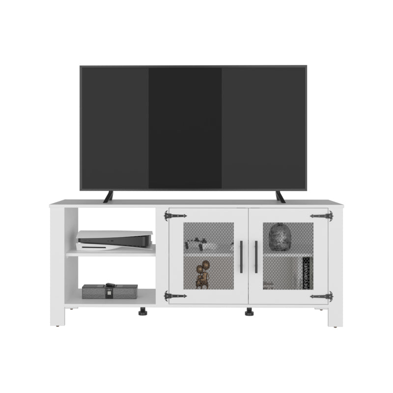 Freedom Modern TV Stand with 5 Open Shelves & 2 Doors - Non-Wood Media Console Suitable for Living Room, Entertainment Storage with Ample Shelving, Space-Saving for TVs, Gaming Consoles, Media Players (No Wood)