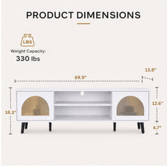 Modern White TV Stand with LED Ambient Light, Arched Fluted Glass Doors, Media Console with Open Shelves And Cable Management Hole, 330Lbs Capacity Fits 70 Inch TV for Living Room Bedroom