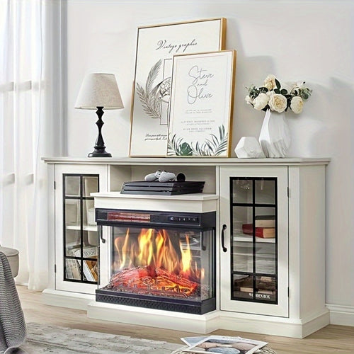 Distressed White 59-Inch Fireplace TV Stand with 3-Sided Glass, 12 Color Options, And Enclosed Storage with Doors, Fits Tvs Up to 65 Inches