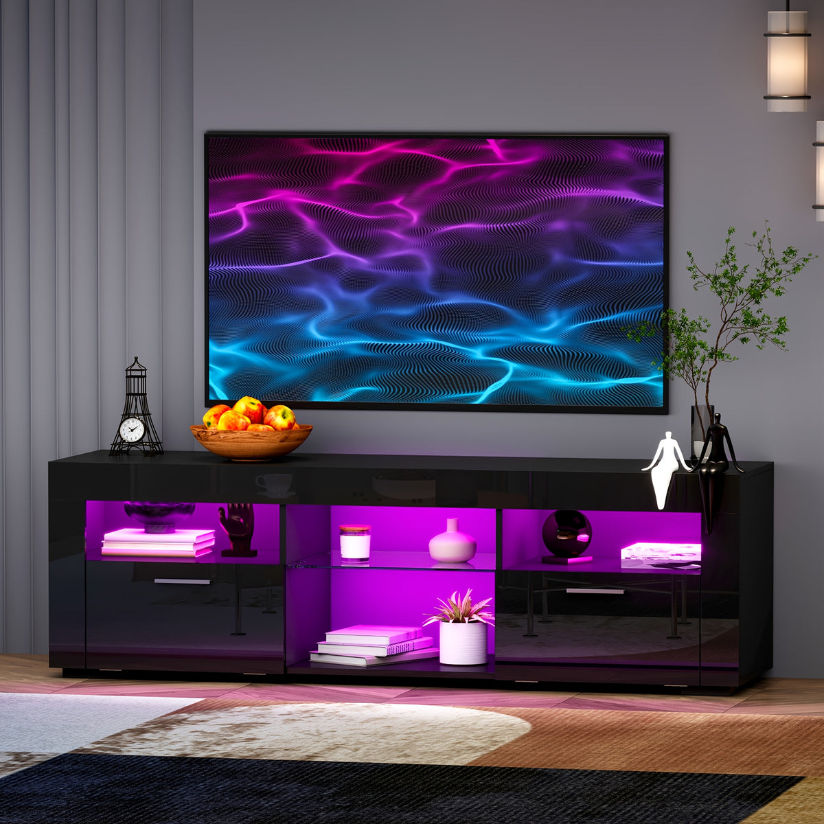 TV Stand with Adjustable LED Lights & Large Storage Cabinets, Modern Entertainment Center for 50/55/60 Inches TV, Sturdy Media Console with Glass Open Shelves for Living Room, Bedroom, Gaming, Black/White