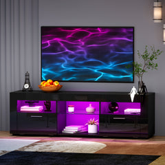TV Stand with Adjustable LED Lights & Large Storage Cabinets, Modern Entertainment Center for 50/55/60 Inches TV, Sturdy Media Console with Glass Open Shelves for Living Room, Bedroom, Gaming, Black/White