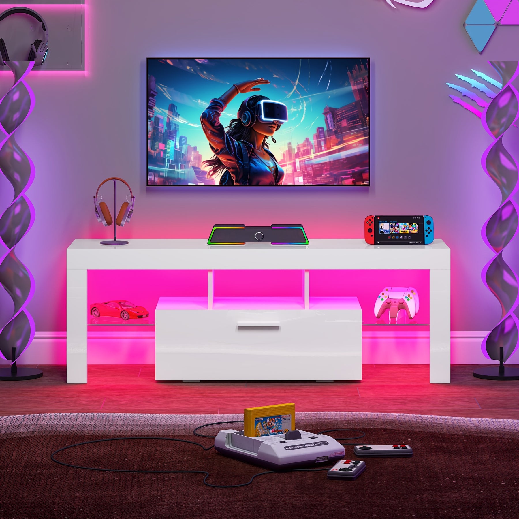 71" High Gloss White TV Stand with LED Lights for 55/65/75/80 Inch TVs, Gaming Entertainment Center with Cabinet for PS5, Modern Media Console Table with Glass Shelves for Living Room, Game Room, Bedroom
