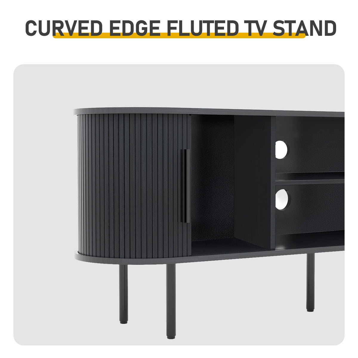 Black Embossed Particle Board TV Stand, Oval Tabletop 147×35×58cm, Entertainment Center with Slatted Sliding Doors, Modern Media Console Cabinet for Living Room